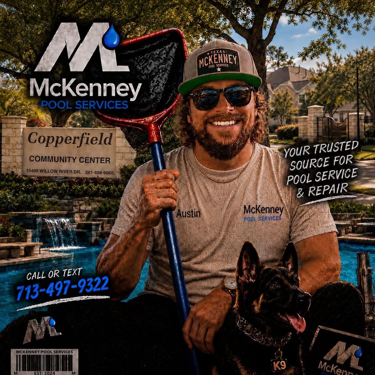 McKenney Pool Services technician with his dog beside a pool